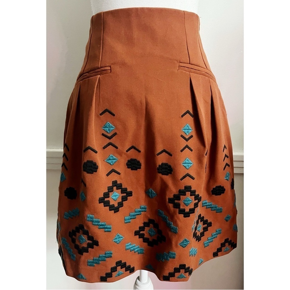 Nanette Lepore • Orange Rust Skirt with Black and Blue Geometric Embroidery